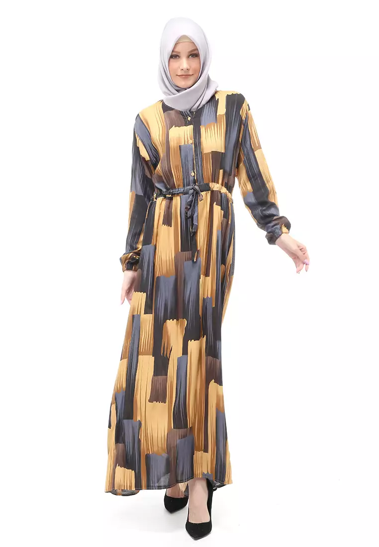 Monalisa Maxi Dress Muslimah Wanita Bermotif Corak Long Sleeve Regular Fit - Multicolor
