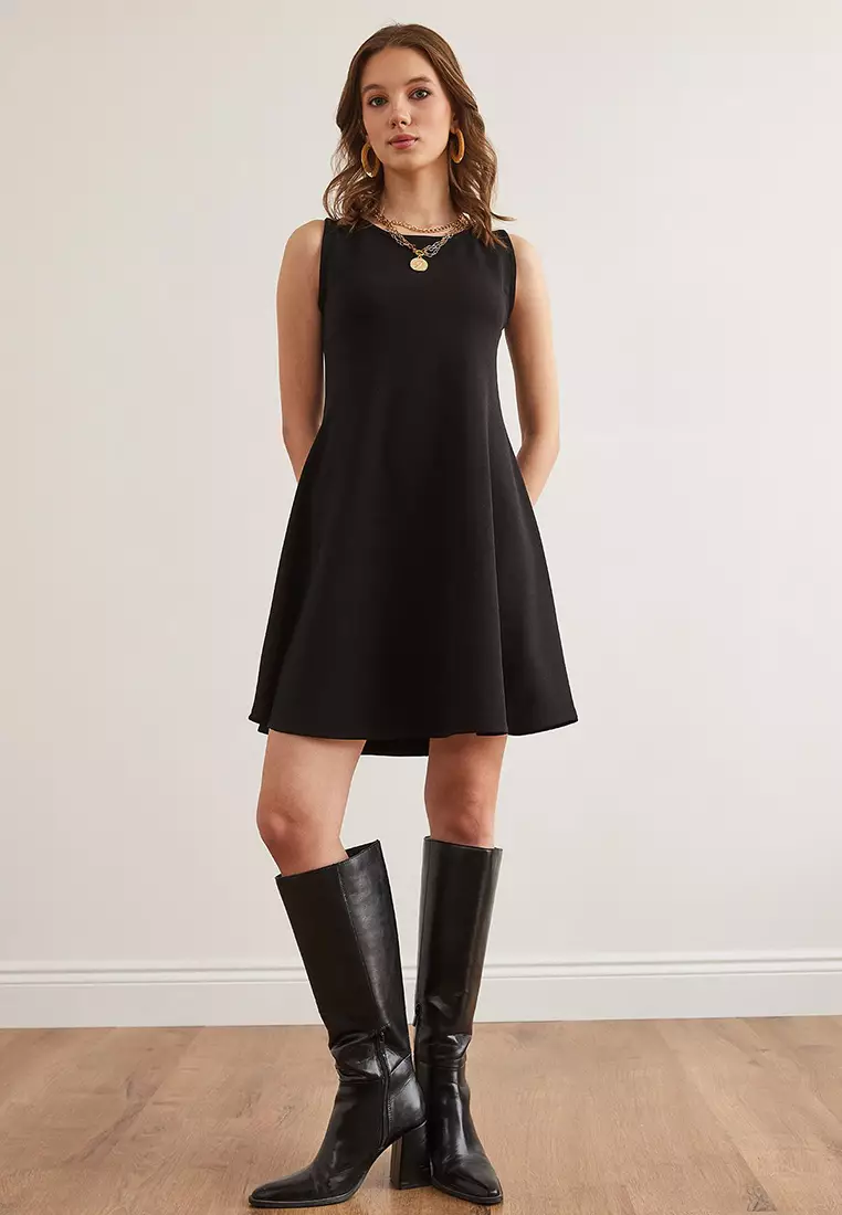 Crew Neck Flared Knitted Crepe Dress