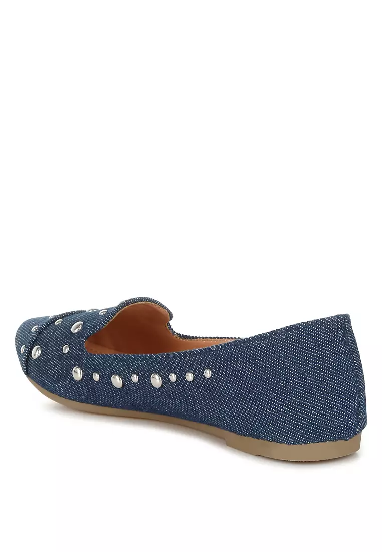 Stud Embellished Ballet Flats in Denim