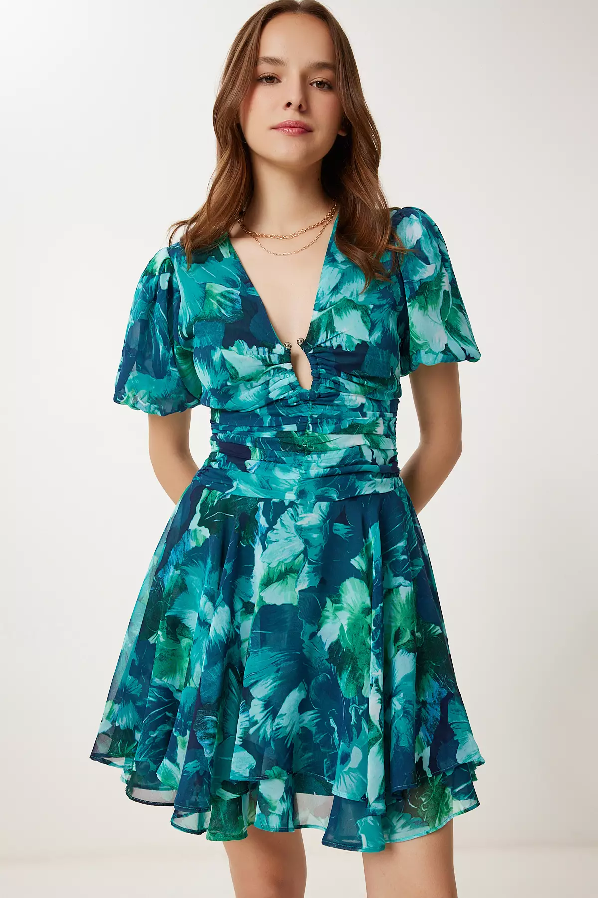 Women's Green Patterned Summer Mini Chiffon Dress Fg00026