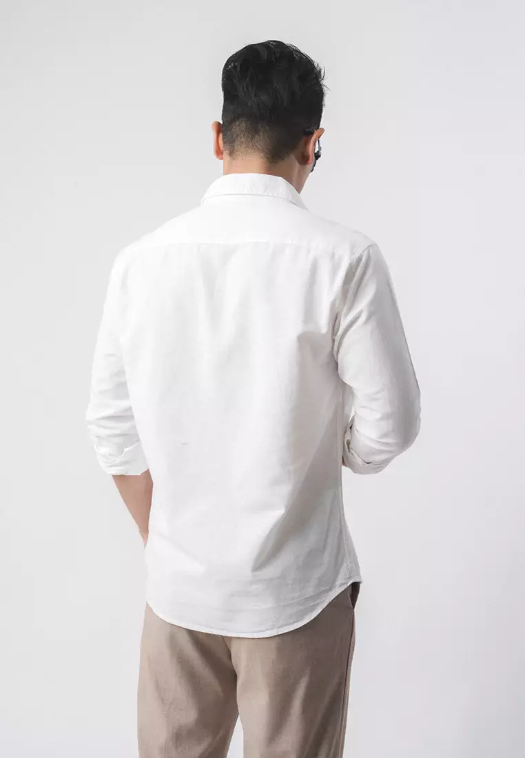 Linen Blend Slim Fit Shirt - White LS