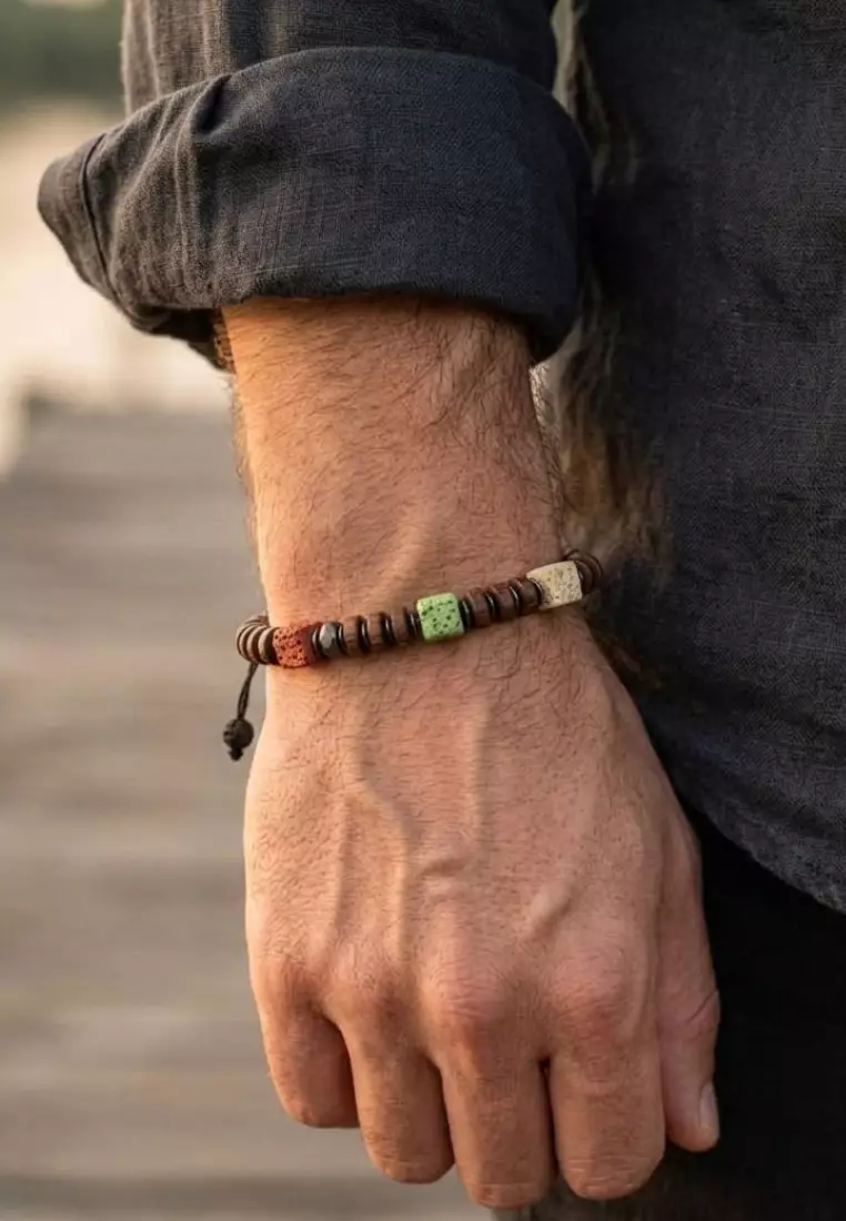 Aksesoris Gelang Pria Wooden Beads & Lava Stones Cubes  Bracelet Brown & Multi