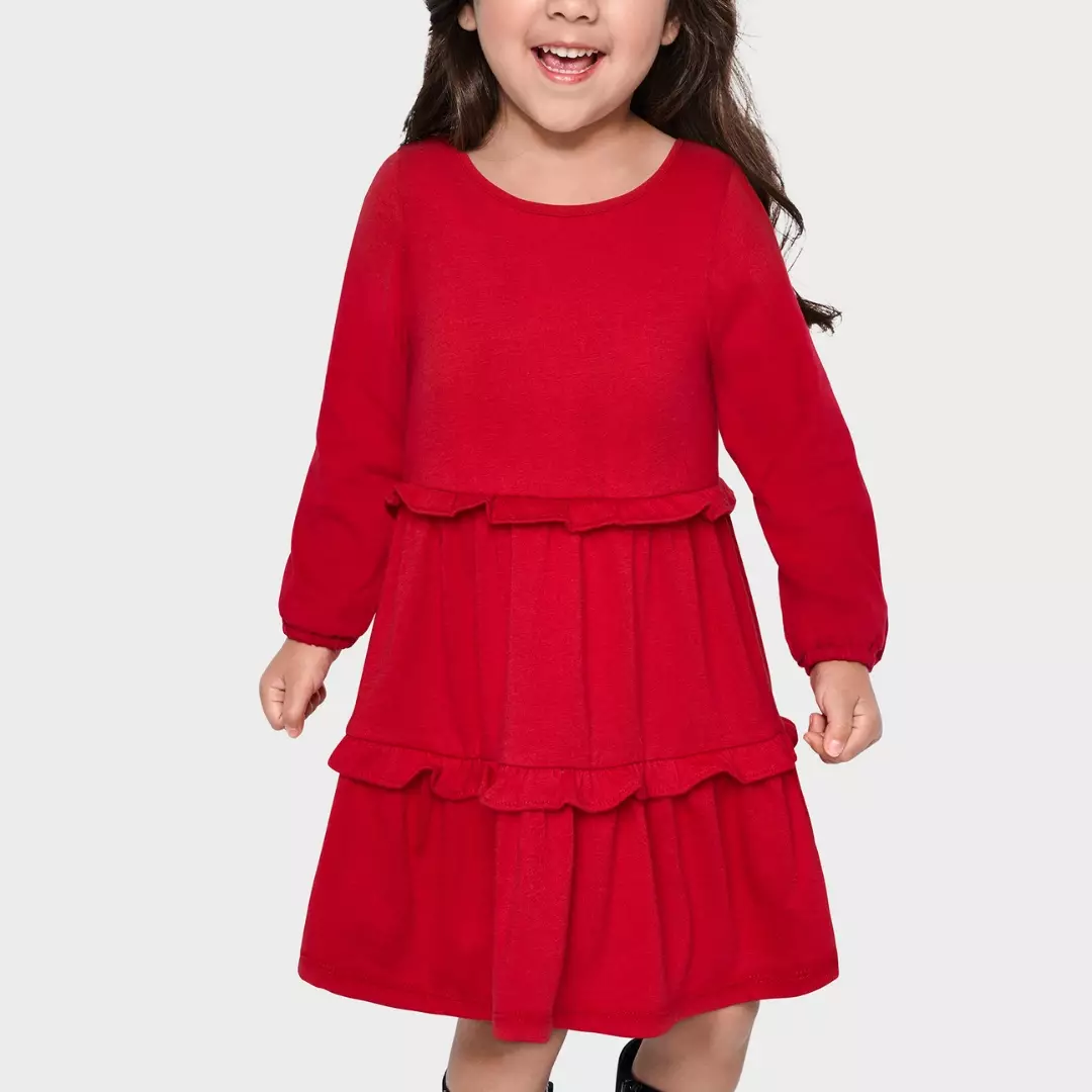 Toddler Girls Bow Back Tiered Dress - Baju Bayi Perempuan (Merah)