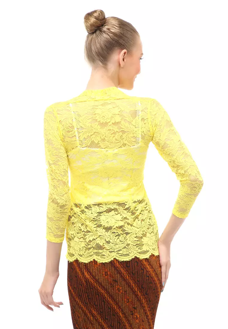 Hara Kebaya Seri 1 Motif Brokat Long Sleeves Atasan Wanita Transparan Premium Quality - Kuning