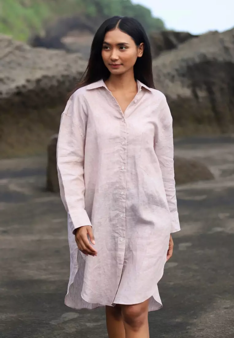 Sharm Kemeja Linen Oversize Lengan Panjang Wanita Cream | Oversize Linen  Long Sleeve Shirt Women Cream