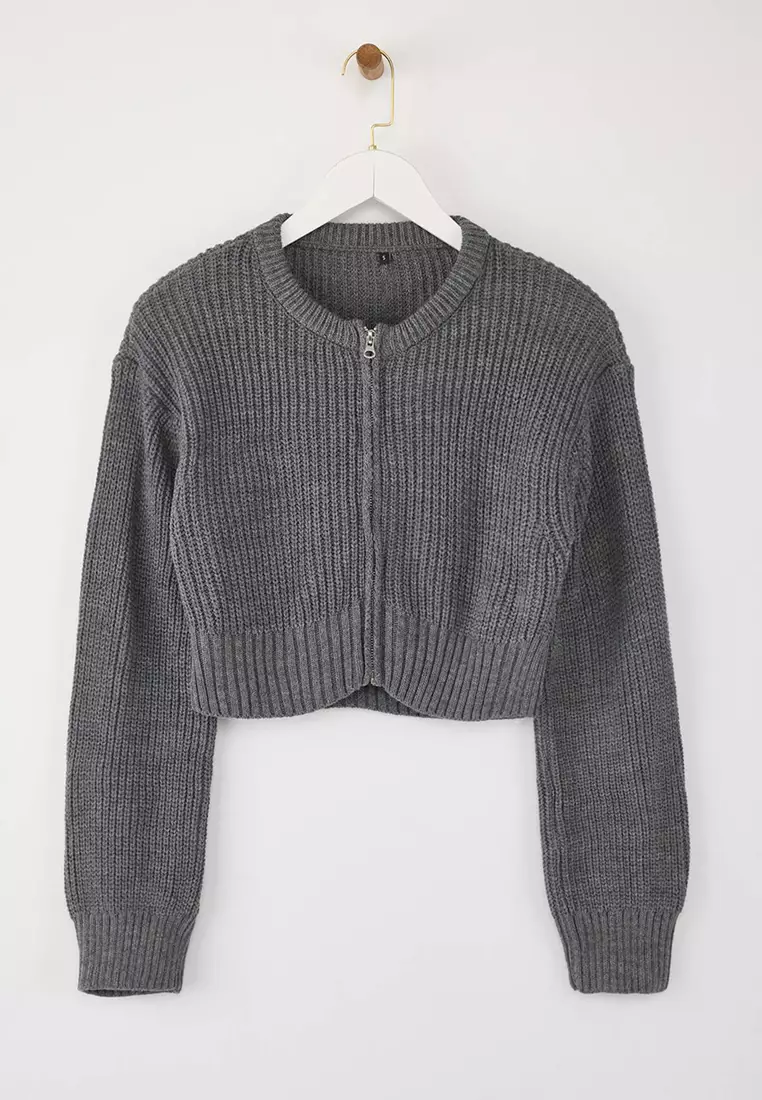 Anthracite Crop Vatka Zipper Detailed Knitwear Cardigan