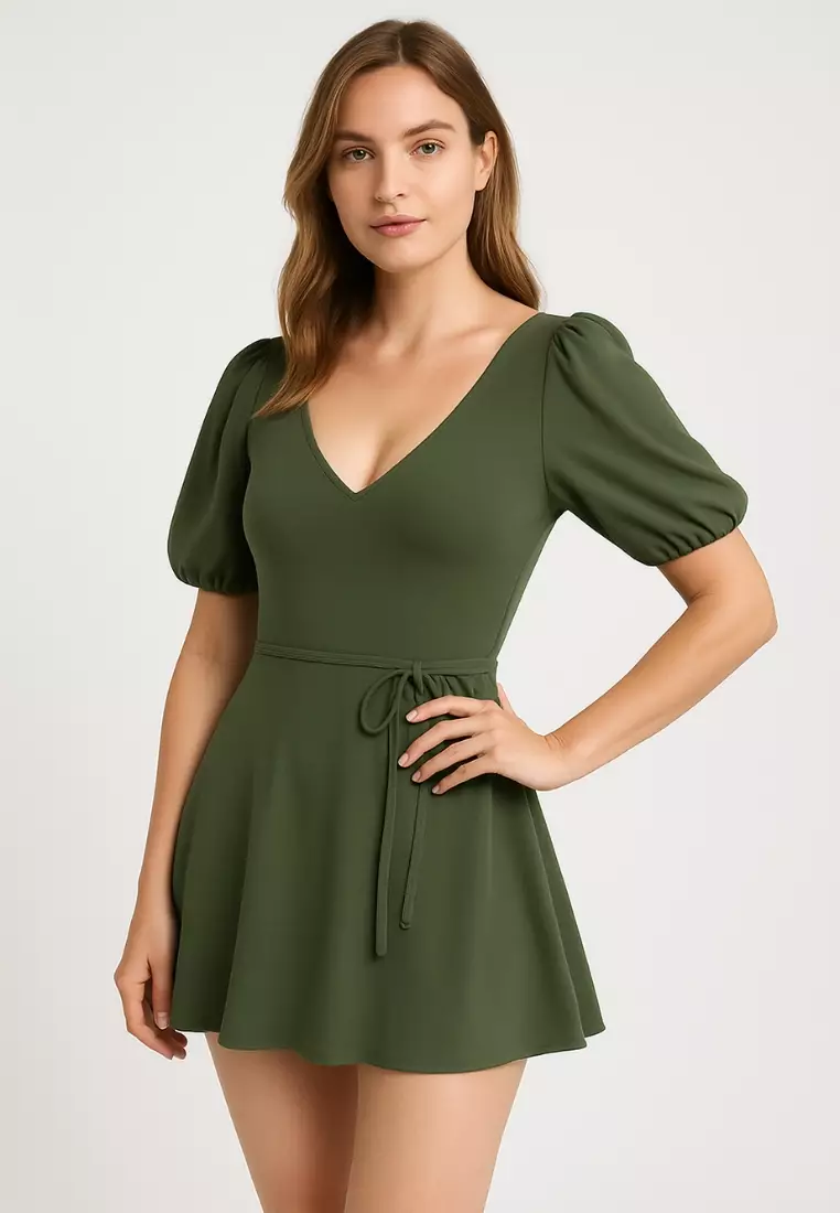Aurelia Flattering Swimdress – Plus Size Tummy Control One Piece with Skirt Puff Sleeves V-Neck – Elegant Green