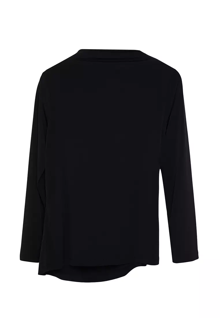 Black Stand Collar Gather Detail Body Fitting Knitted Plus Size Blouse Tbbaw25Af00014