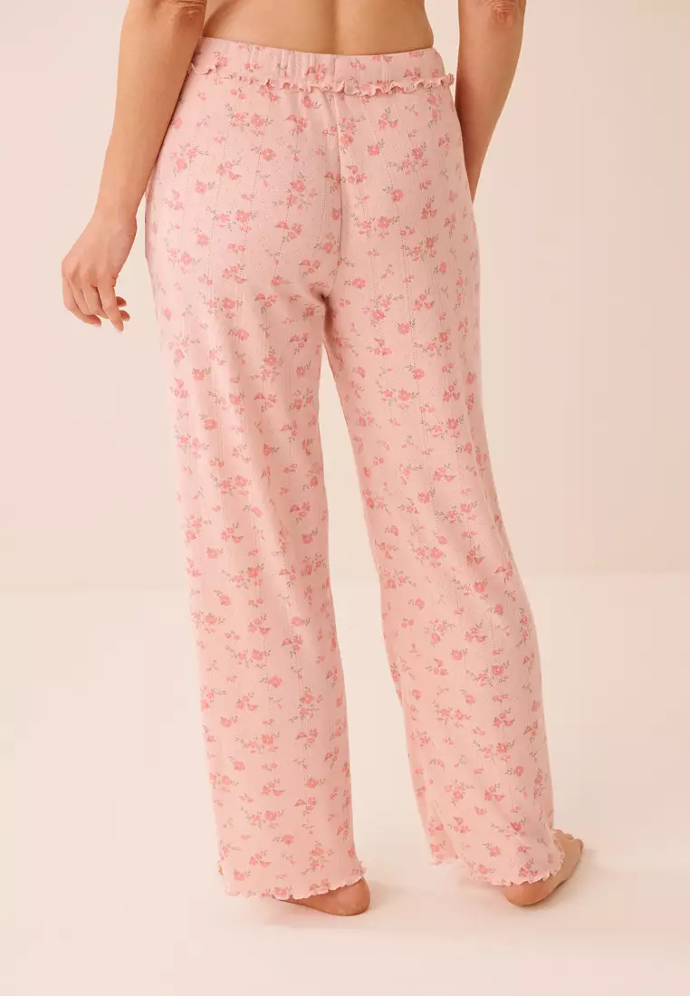 Floral Print Ruffle Hem Pointelle Pajama Pants