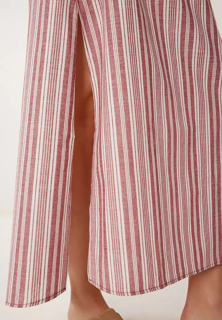 Women's Bone Burgundy Striped Off-The-Shoulder Summer Linen Dress Li̇00120