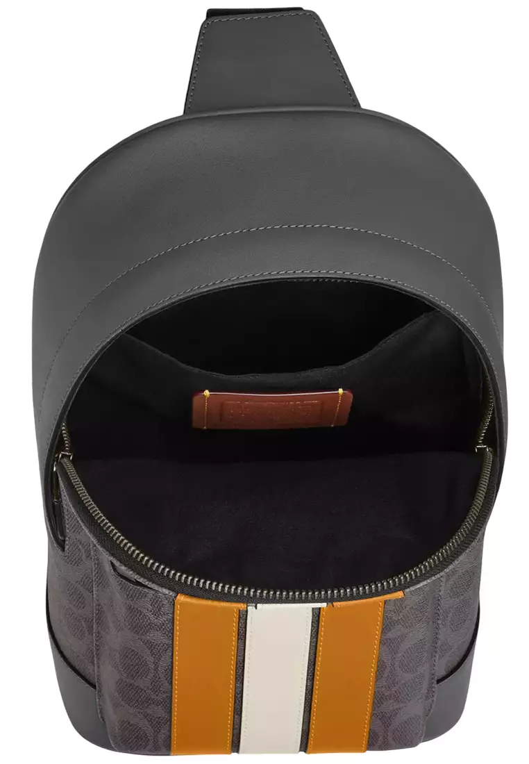 West Pack Bag In Signature Canvas With Varsity Stripe Bag - Grey/ Ochre/ Chalk CV923