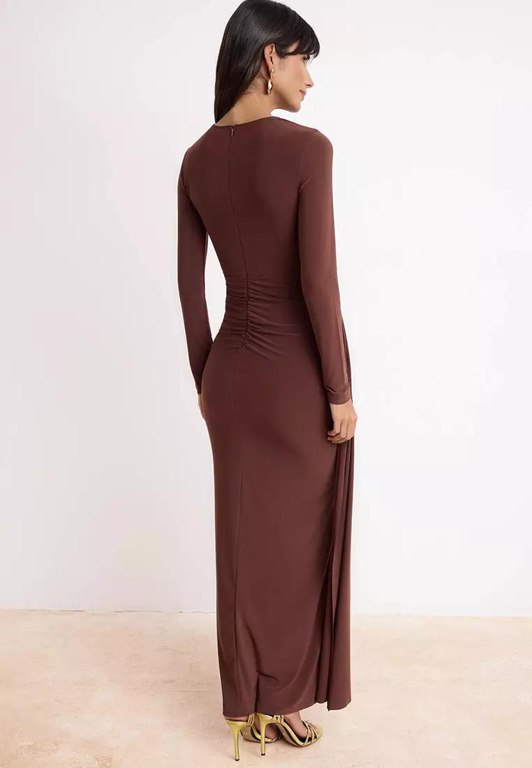 Brown Collar Cut Out Detailed Maxi Evening Dress & Graduation Dress Tprss26Ae2