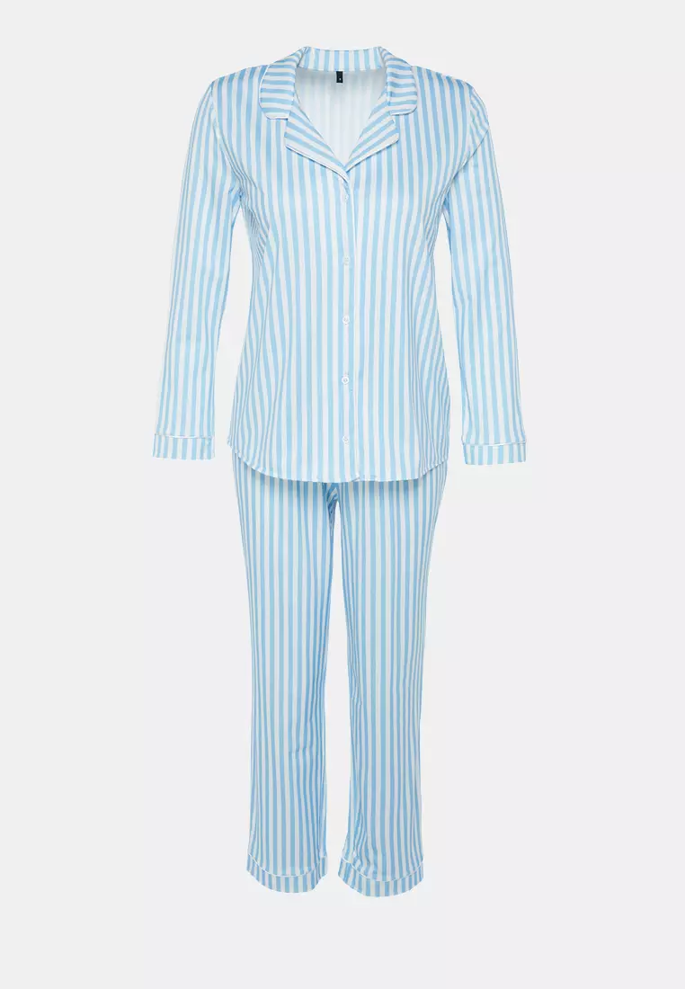 Stripe Patterned Piping And Fleece Lined Shirt-Pants Knitted Pajama Set