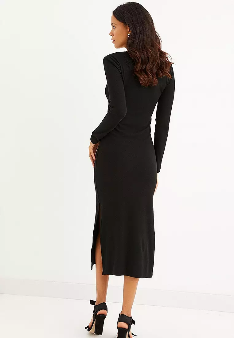 Square Collar Midi Slit Dress