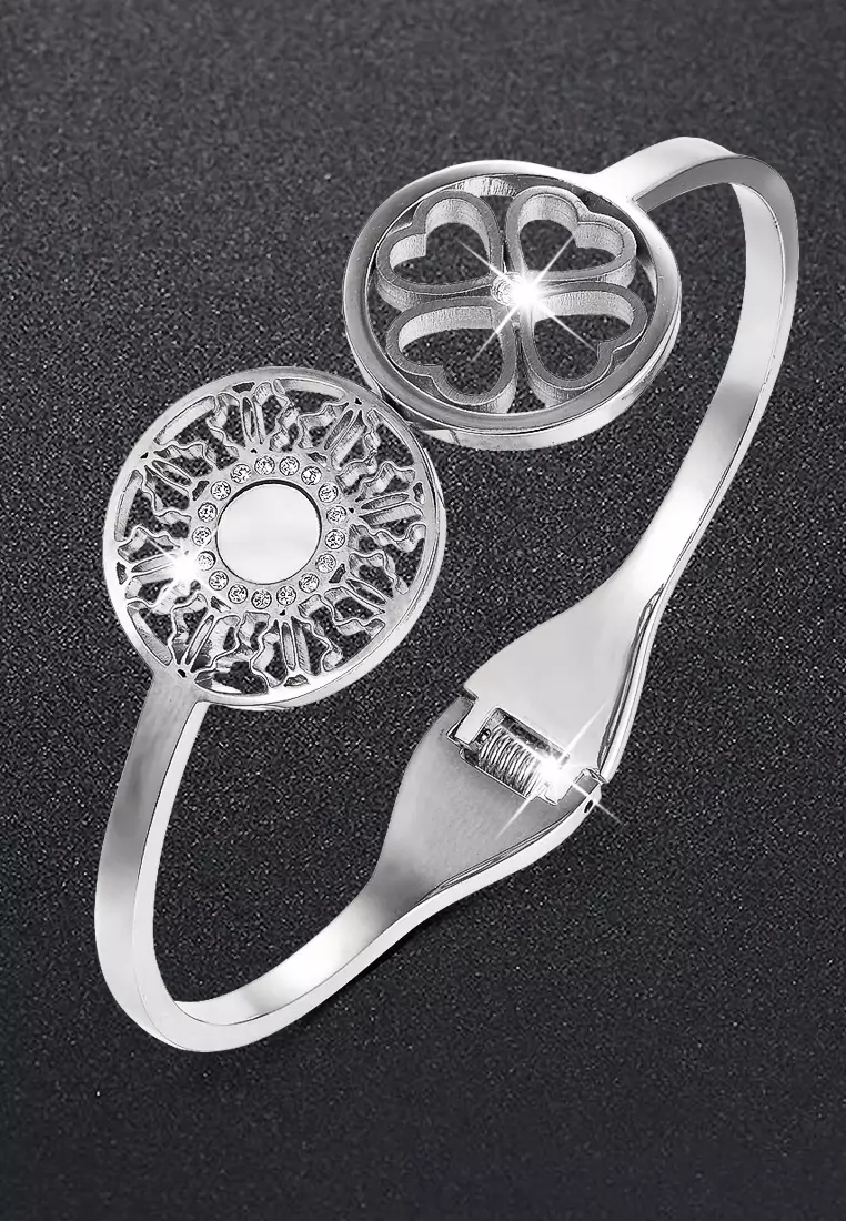 Artistic Floral Hinged Bangle-White Gold/Clear