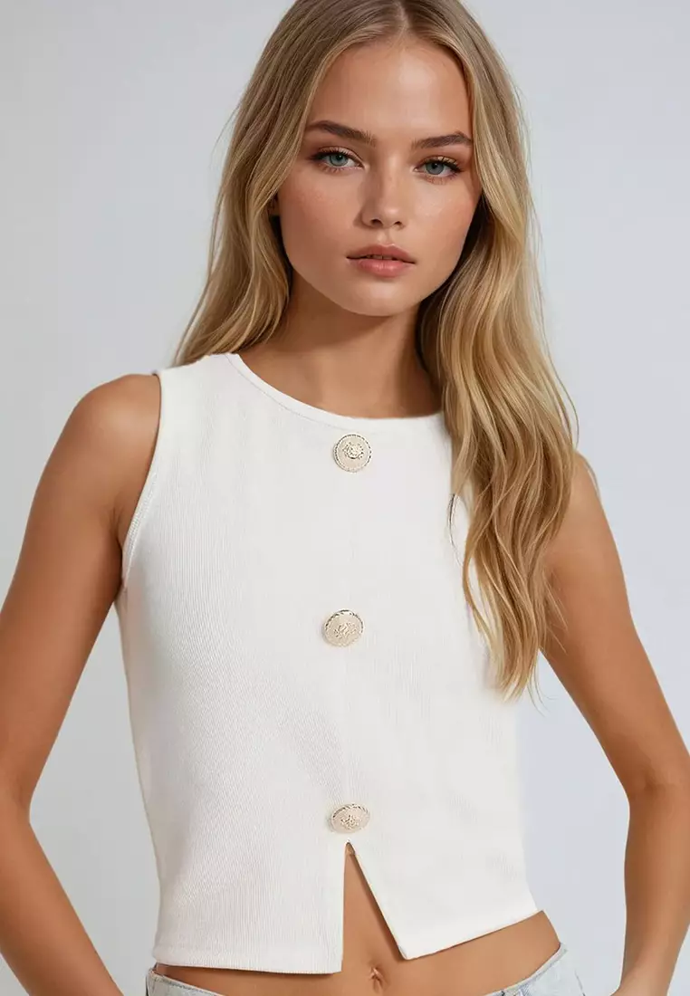 Women's White Crew Neck Gold Button Detailed Ottoban Blouse Alc-X14054