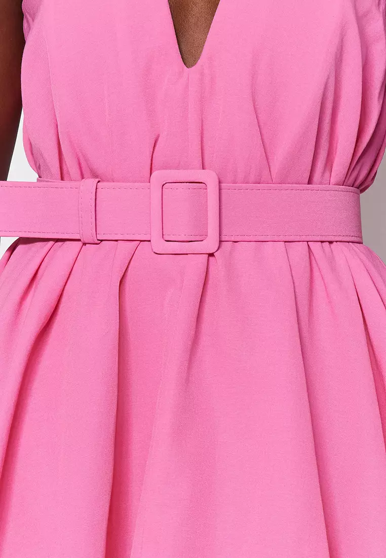 Balloon Poplin Evening Dress Belt Detailed