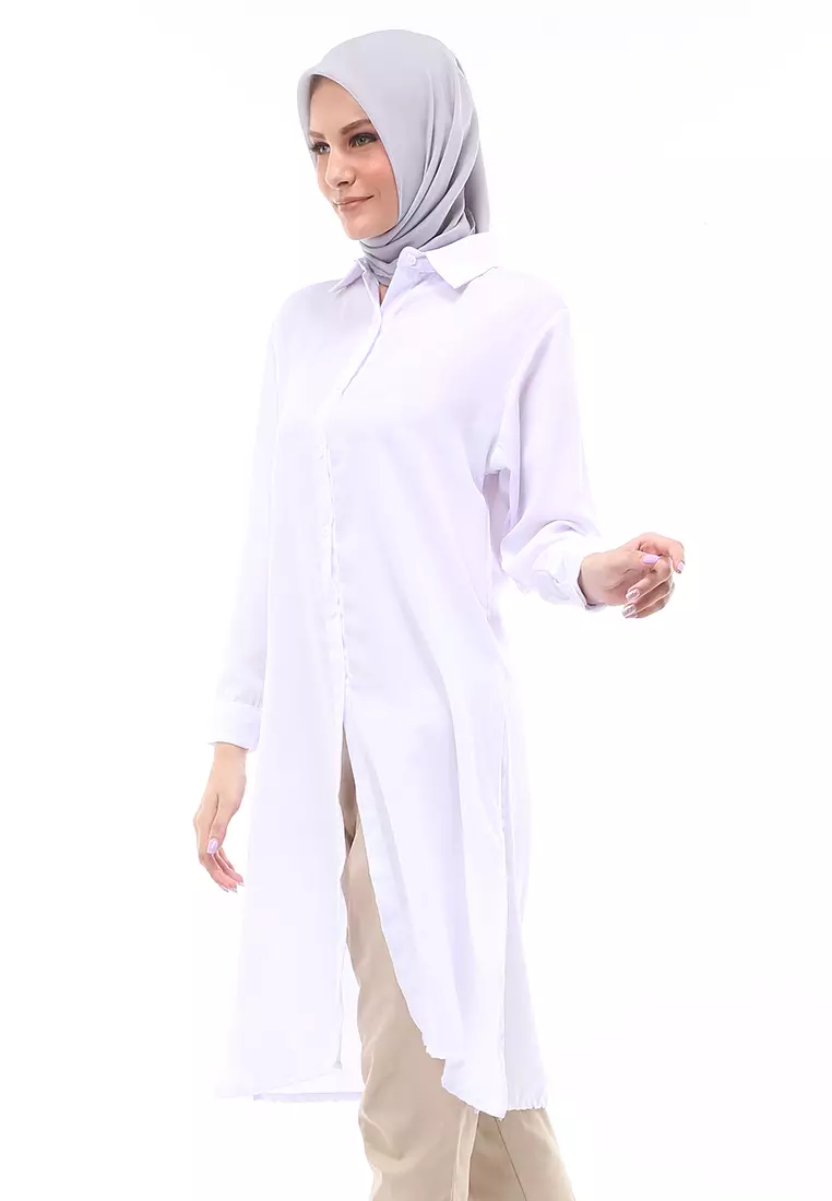Septiyani Tunik Atasan Wanita Motif Polos Long Sleeve Regular Fit - White