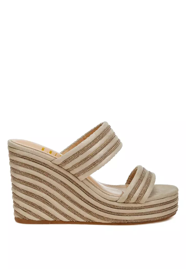 Discount on London Rag  shoes - SKU: Rhinestones Embellished Wedge Sandals In Beige