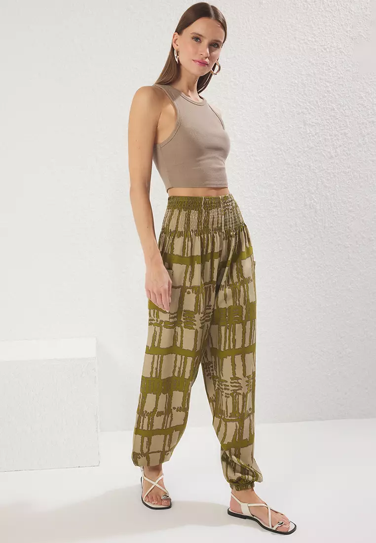 Khaki Ethnic Patterned Trousers Elasticated Shalwar Form Woven Trousers TWOSS25PL00063