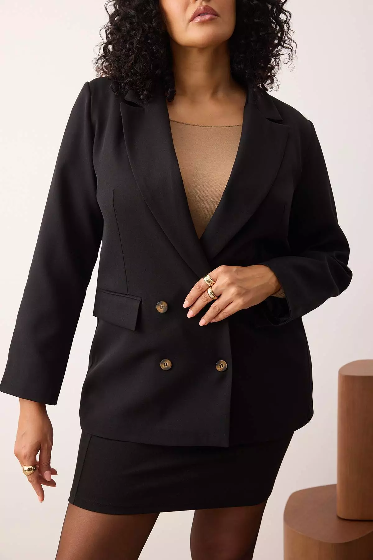 Black Oversize Lined Button Woven Plus Size Blazer Jacket Tbbaw26Ag00006