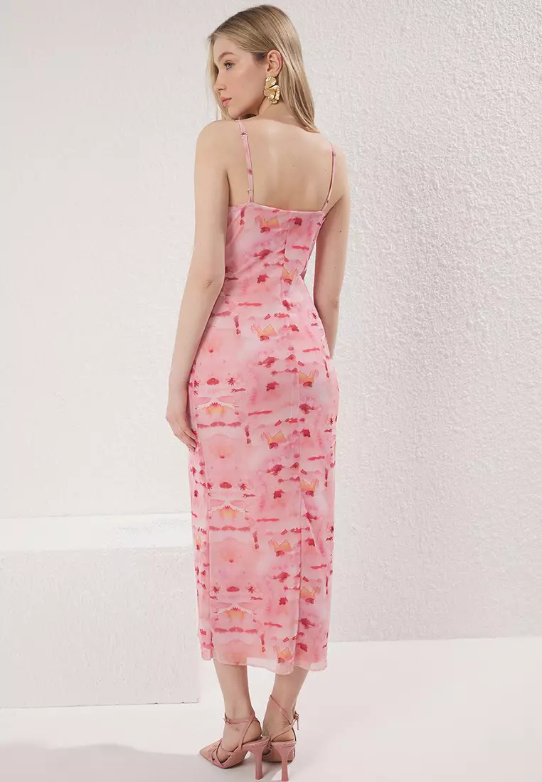 Pink Abstract Printed Tulle Drape Maxi Knit Dress TWOSS25EL00168