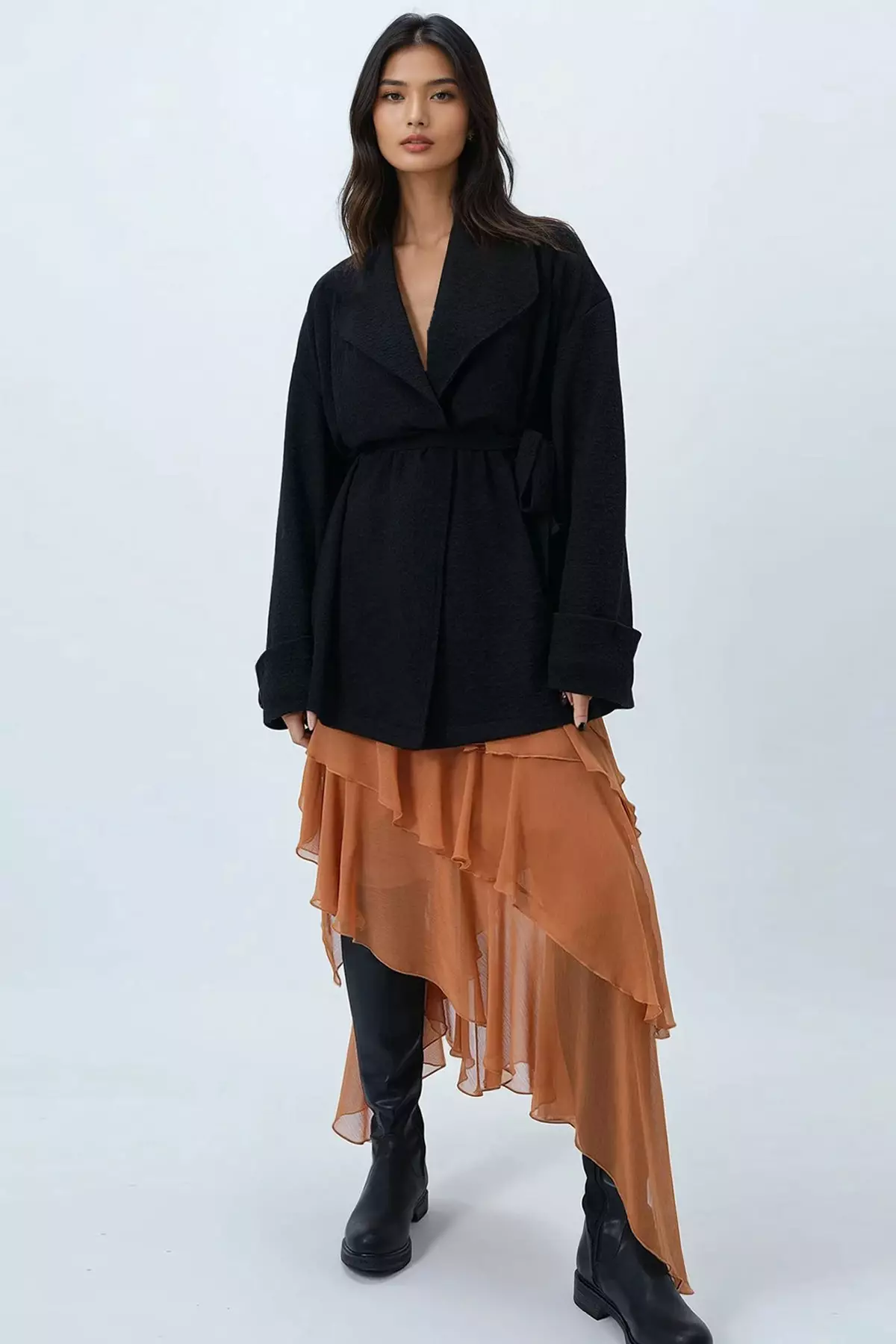 Women's Black Shawl Collar Self-Textured Belted Long Jacket Alc-X14481