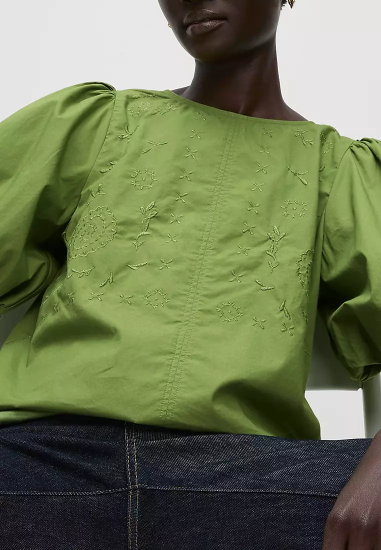 Pure Cotton Embroidered Puff Sleeve Blouse