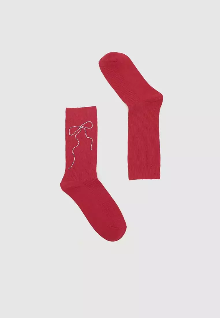 Ribbed Knit Rhinestone Bow Detail Cotton Blend Crew Socks
