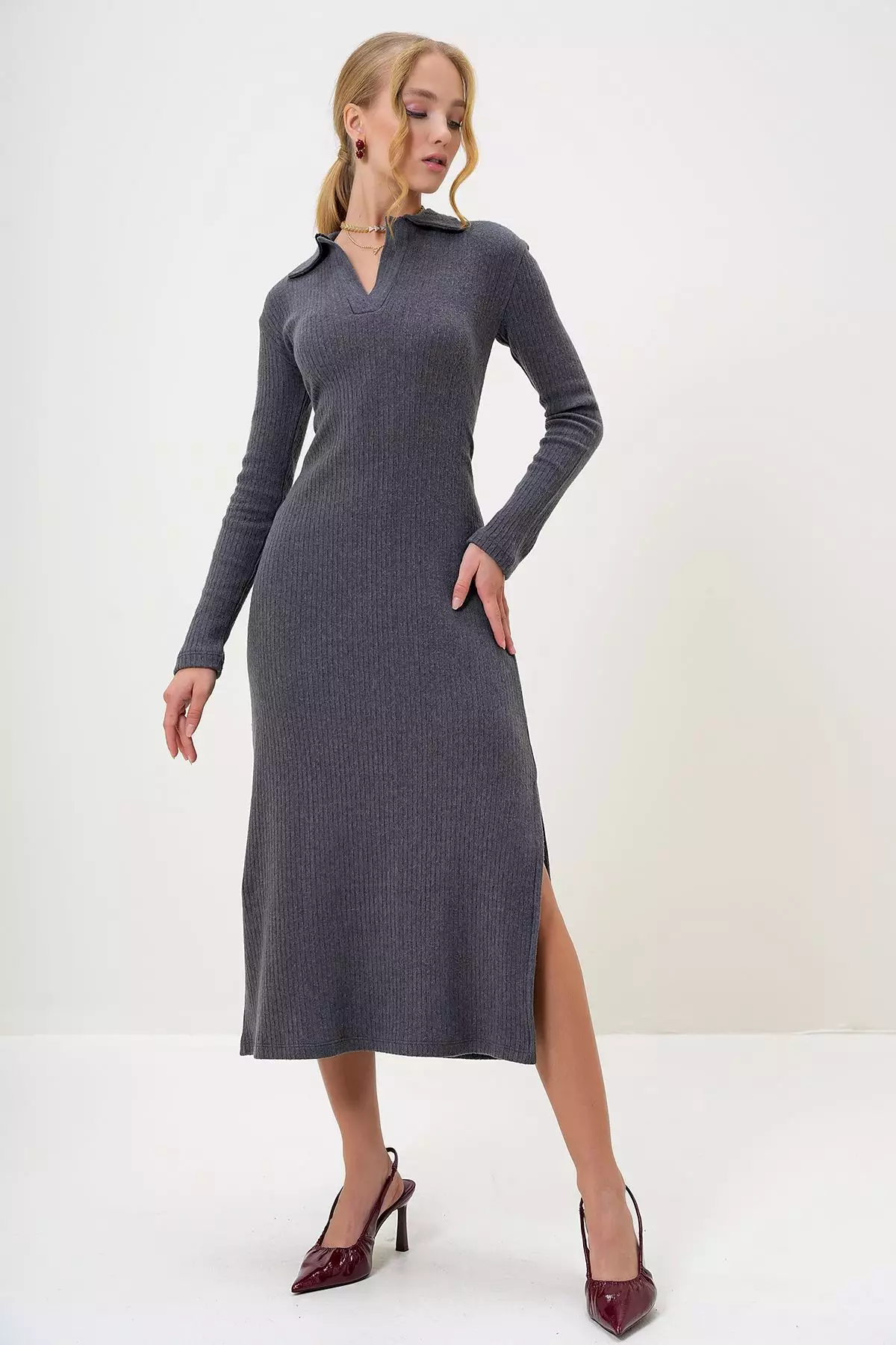 Women's Anthracite Polo Collar Half Placket Side Slit Interlock Fabric Dress