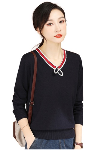 A-IN GIRLS navy Simple V-Neck Color-Block Sweater A7F8CAA879C3A4GS_1