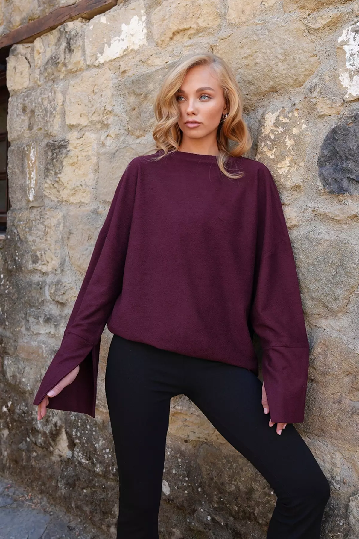 Women's Burgundy Stand Collar Batwing Sleeve Cuff Slit Wide Cut Blouse Alc-X14434