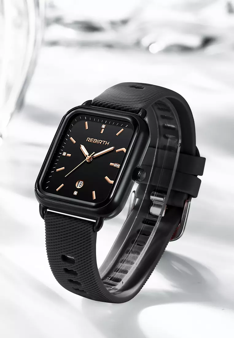 Jam Tangan Wanita Original Square Anggun Tali Silikon Anti Air Hitam