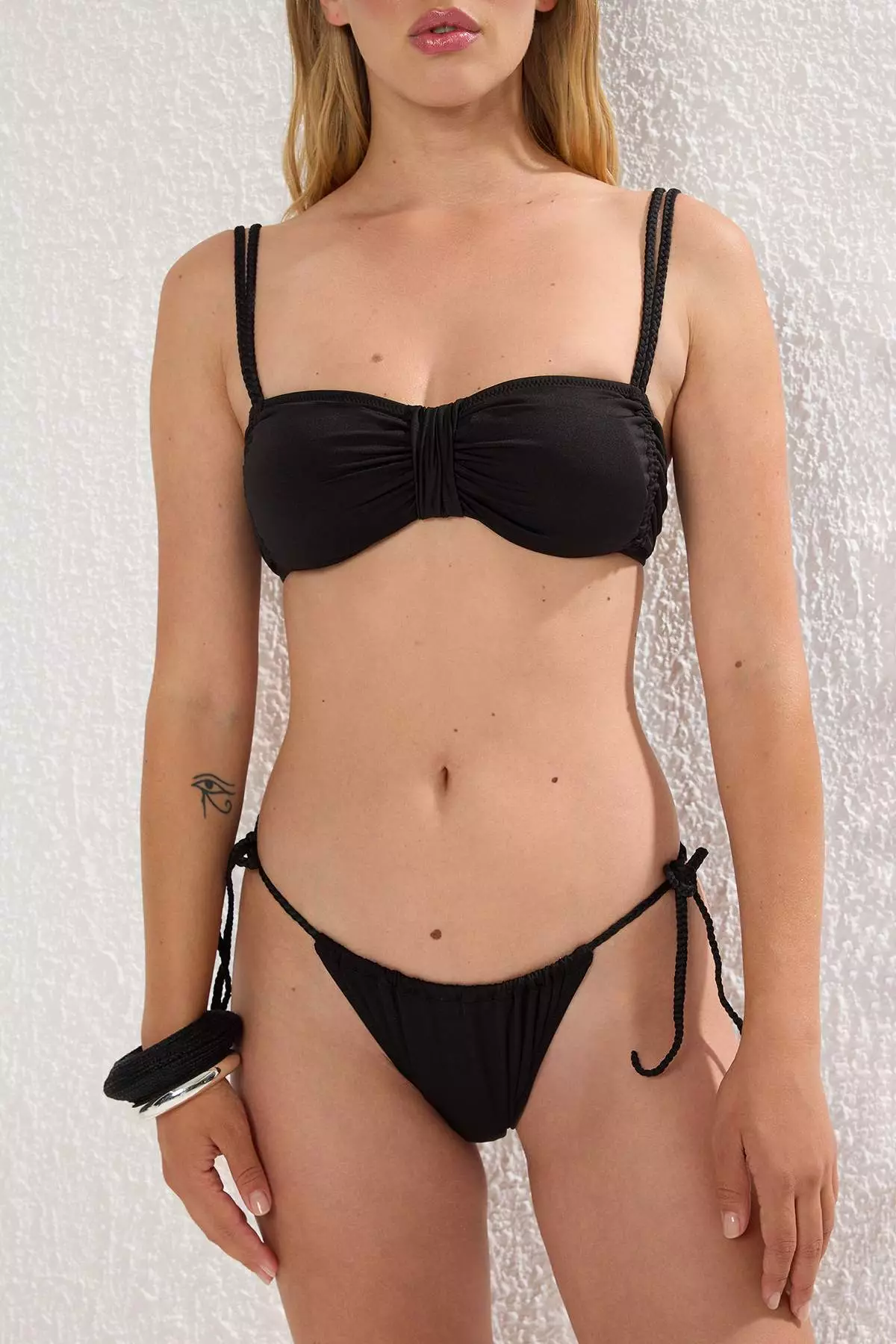 Black Balconette Draped Normal Waist Bikini Set
