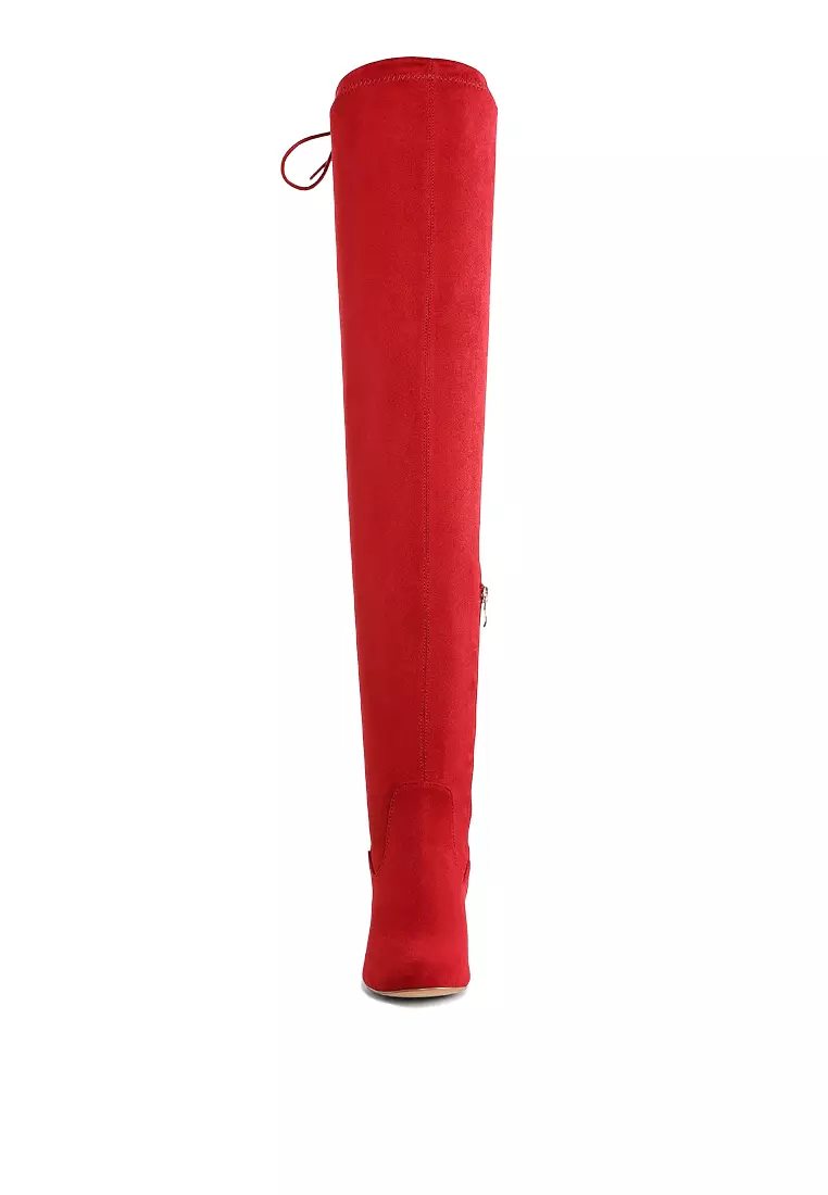 Minimal Drawstring Detail Knee-High Boots in Red
