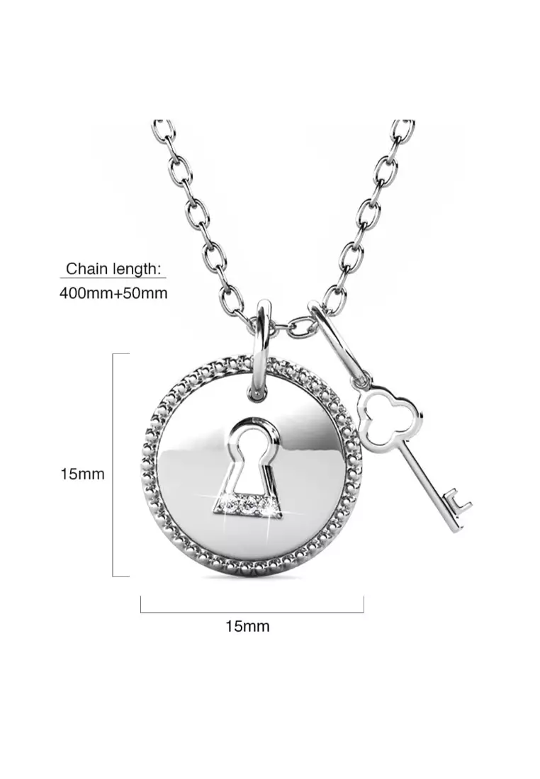 White Gold Pad Lock With Heart Keys Double Pendant Necklace Embellished with Swarovski Crystals