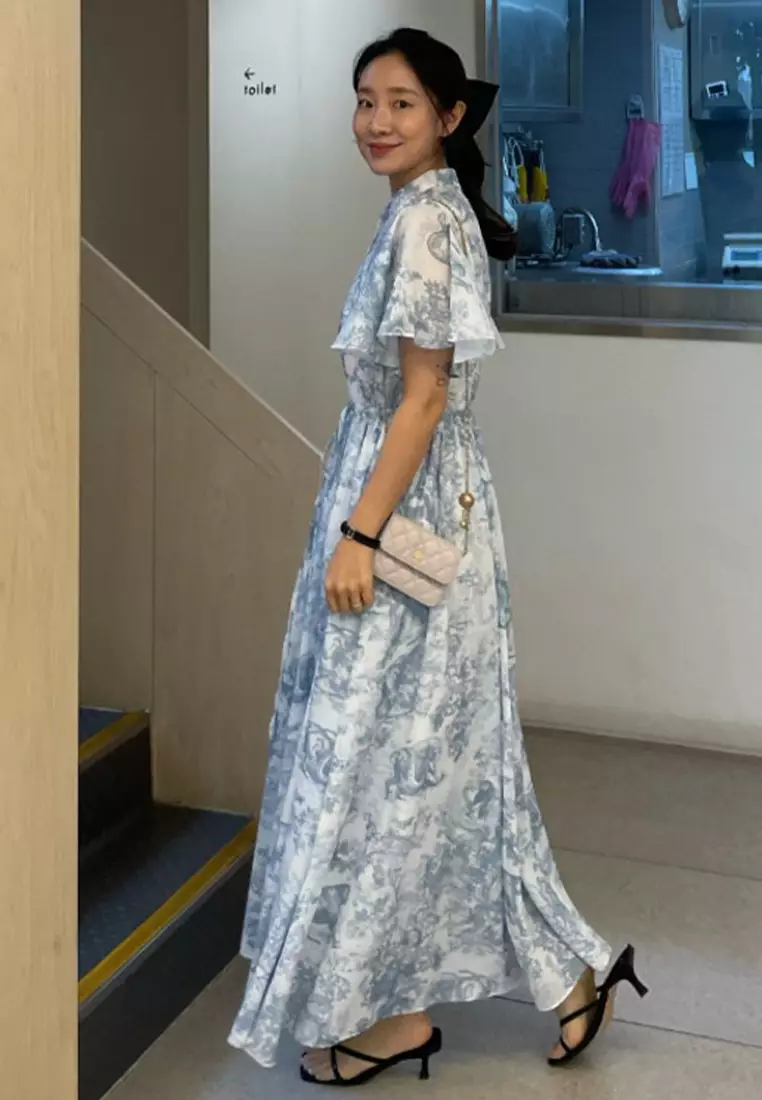 Summer vintage ink wash lace up chiffon dress CA25032717BL