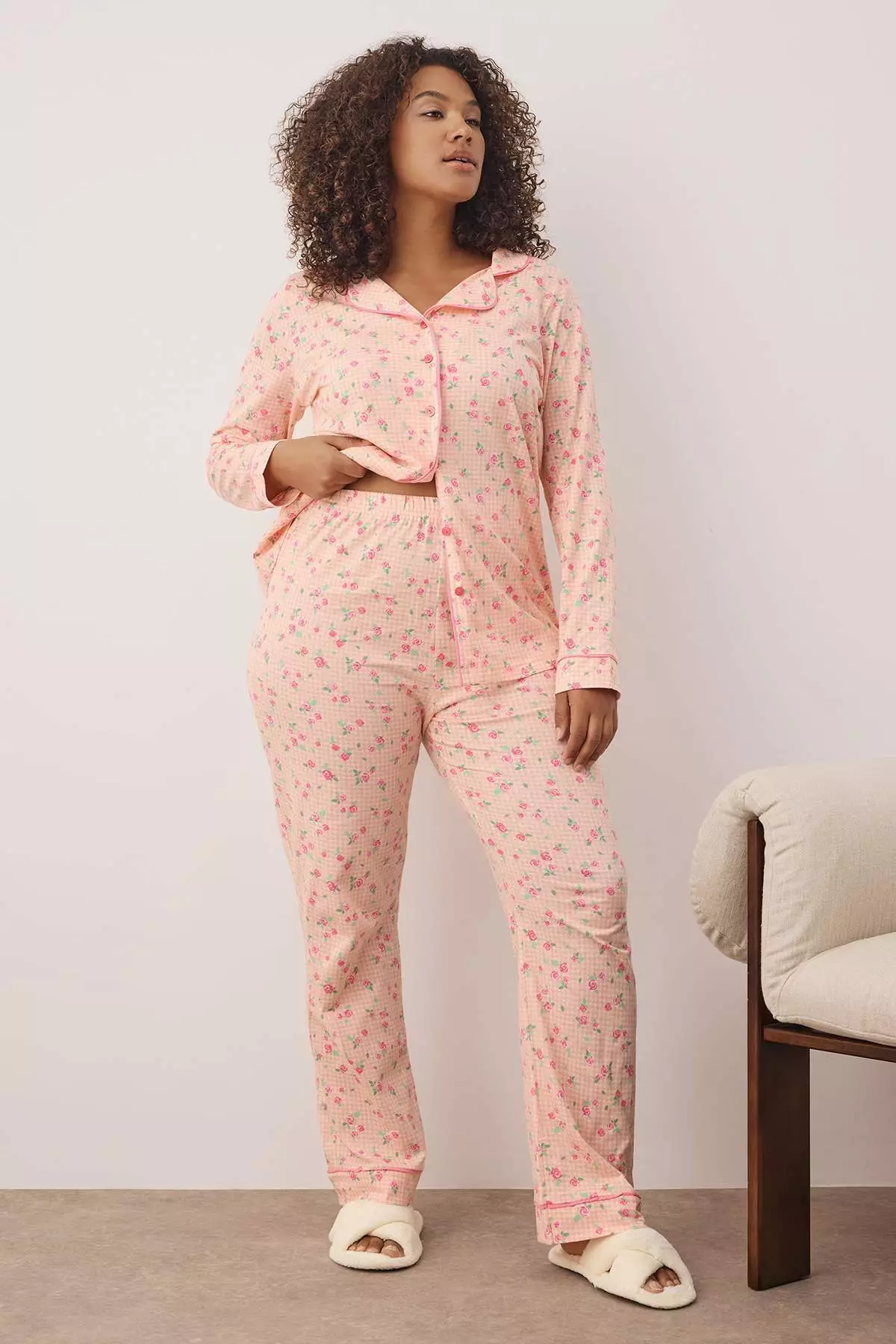 Pink 100% Cotton Floral Knitted Pajama Set Tbbaw26Ai00007
