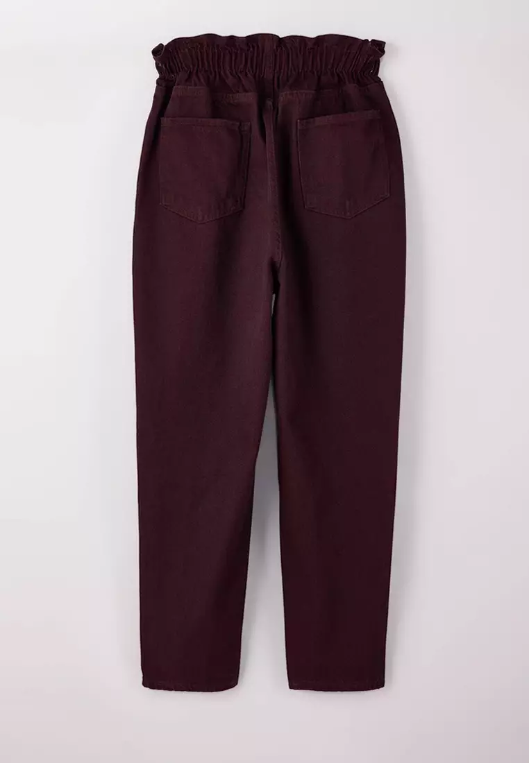 Burgundy High Waist Elastic Waist 100% Cotton Plus Size Mom Jeans Tbbaw23Je00002