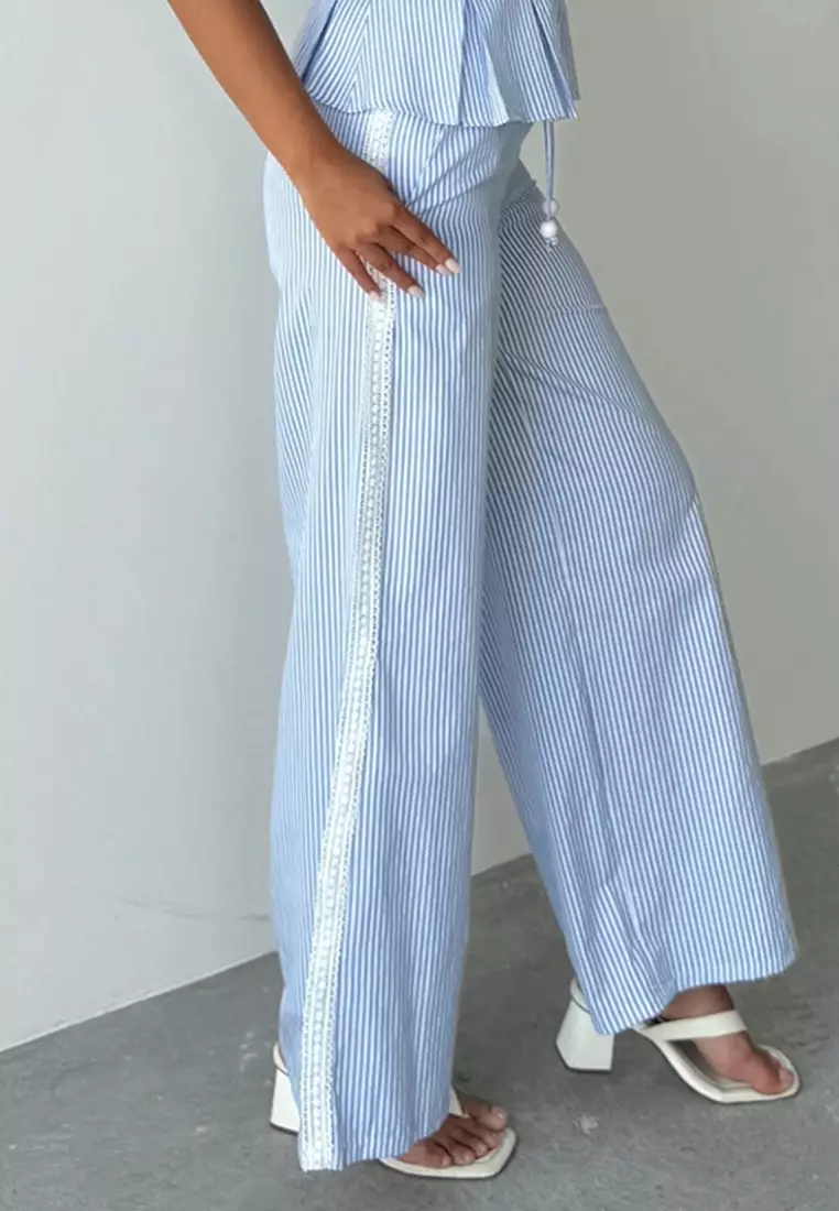 Blue Striped Strap Blouse Pants Bottom Top Set