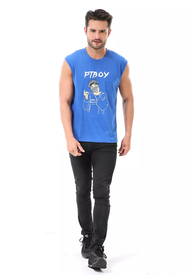 Bobby Atasan Kasual Pria Singlet Motif Ptboy Sleeveless Tshirt Material Cotton ORIGINAL - Blue