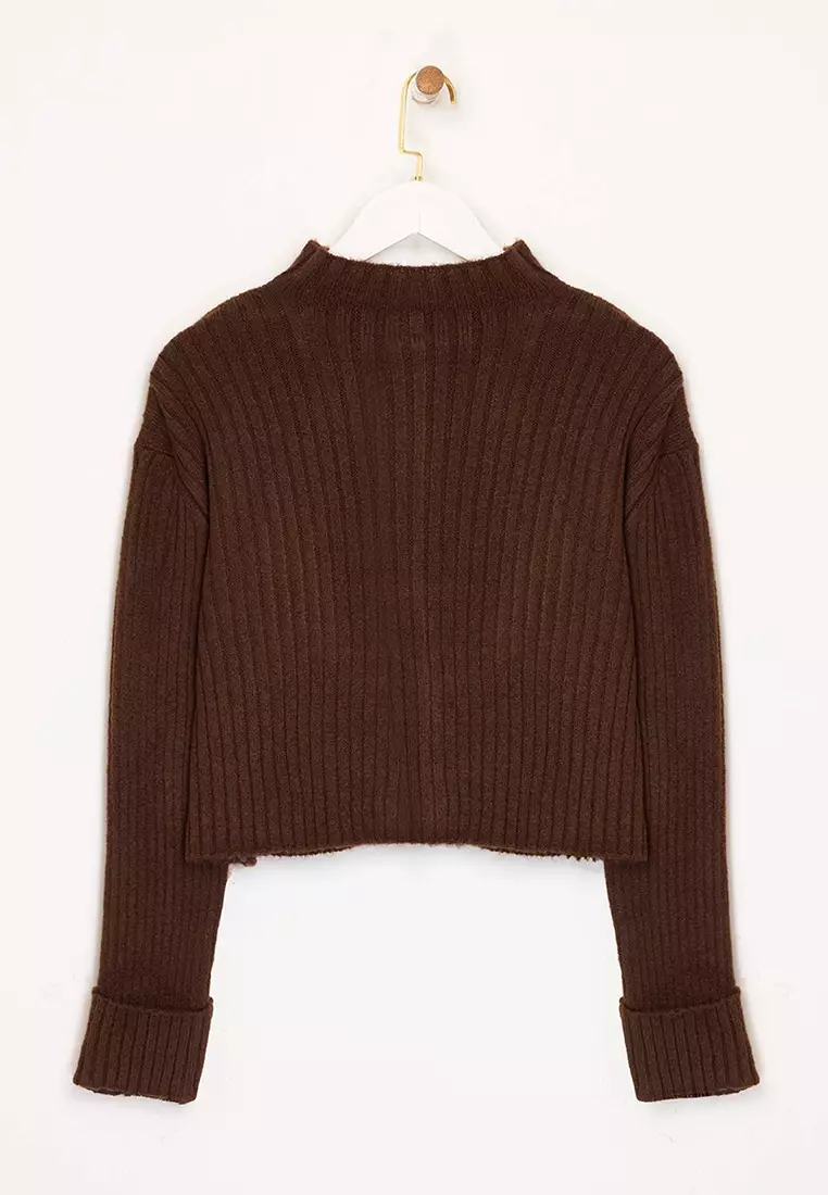 Brown Crop Soft Textured Stand Collar Knitwear Cardigan