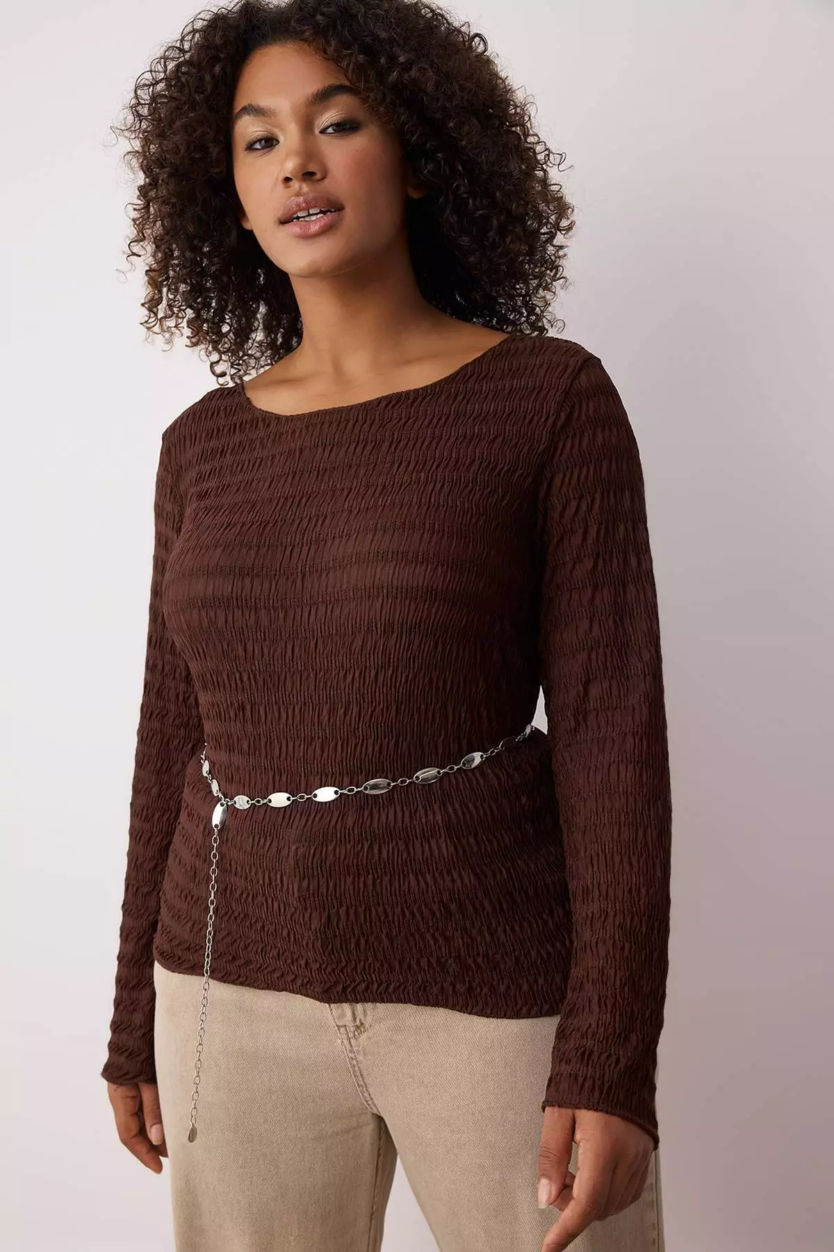 Brown Fitted/Close-Fitting Textured Tulle Stretchy Knitted Plus Size Blouse Tbbaw26Af00030
