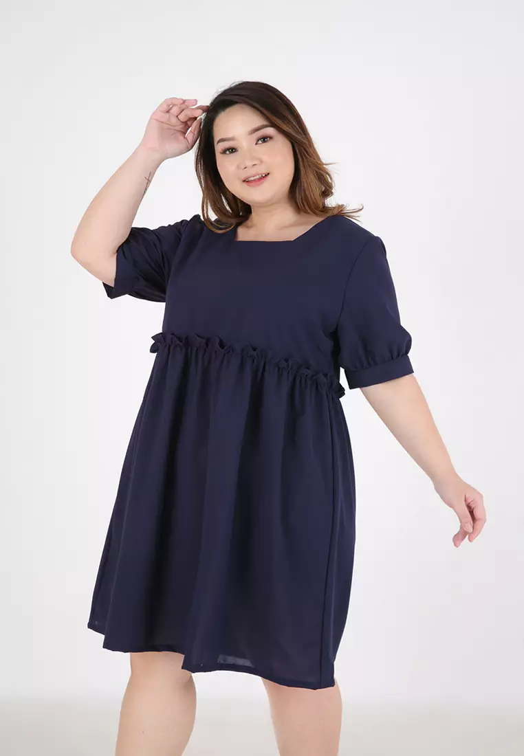 Kona Plain Ruffle Mini Dress Big Size Blue