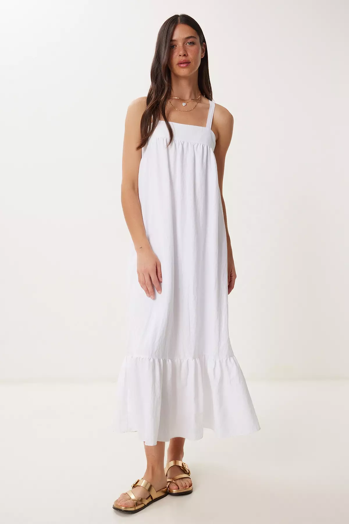 Women's White Strap Flounced Summer Tensel Dress Bv00154