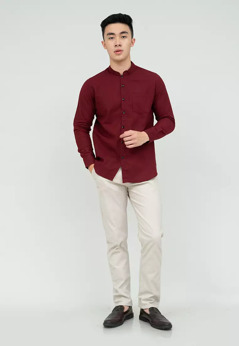 Houseofcuff kemeja Koko Lengan Panjang Pria Maroon