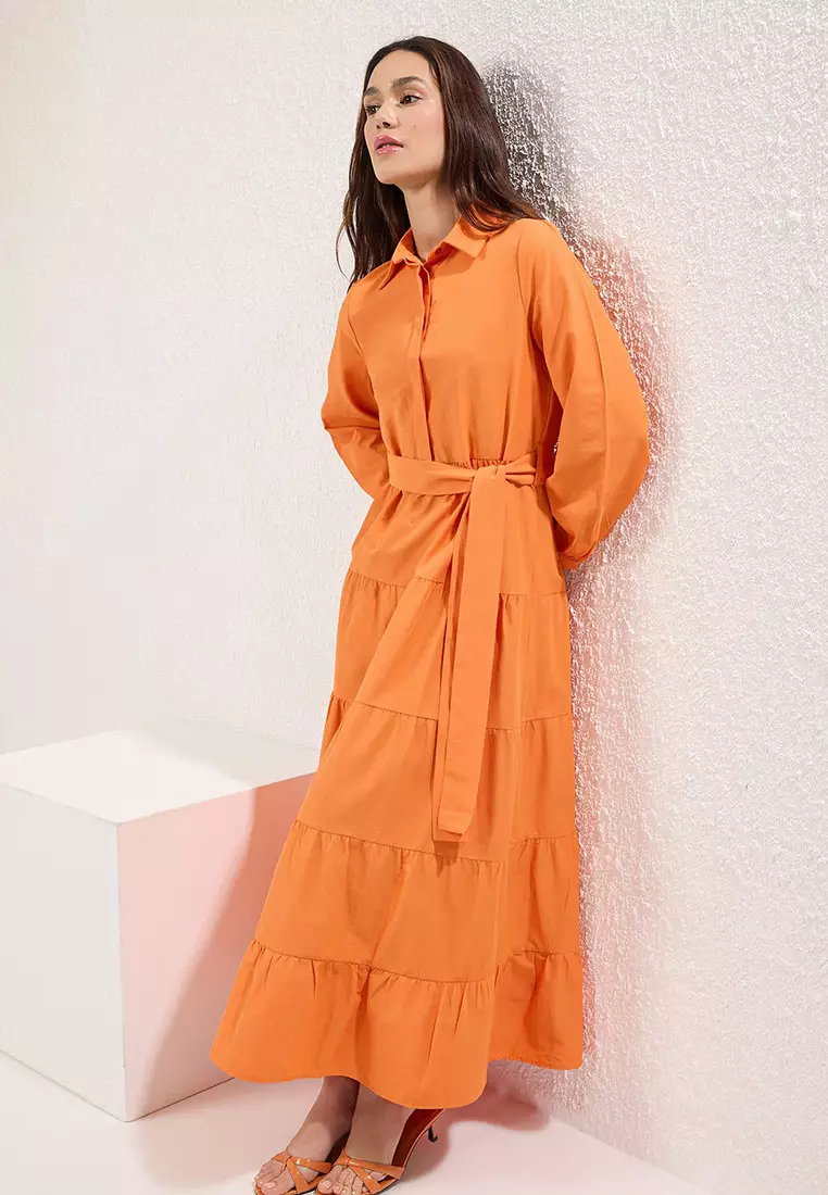 Orange Belted Layered Skirt Woven Cotton Dress Tctss25Eb00112