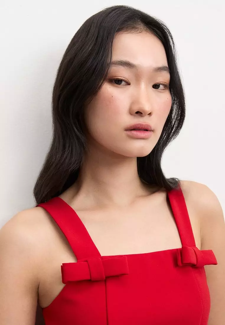 Bow Square Neck Dress - Red