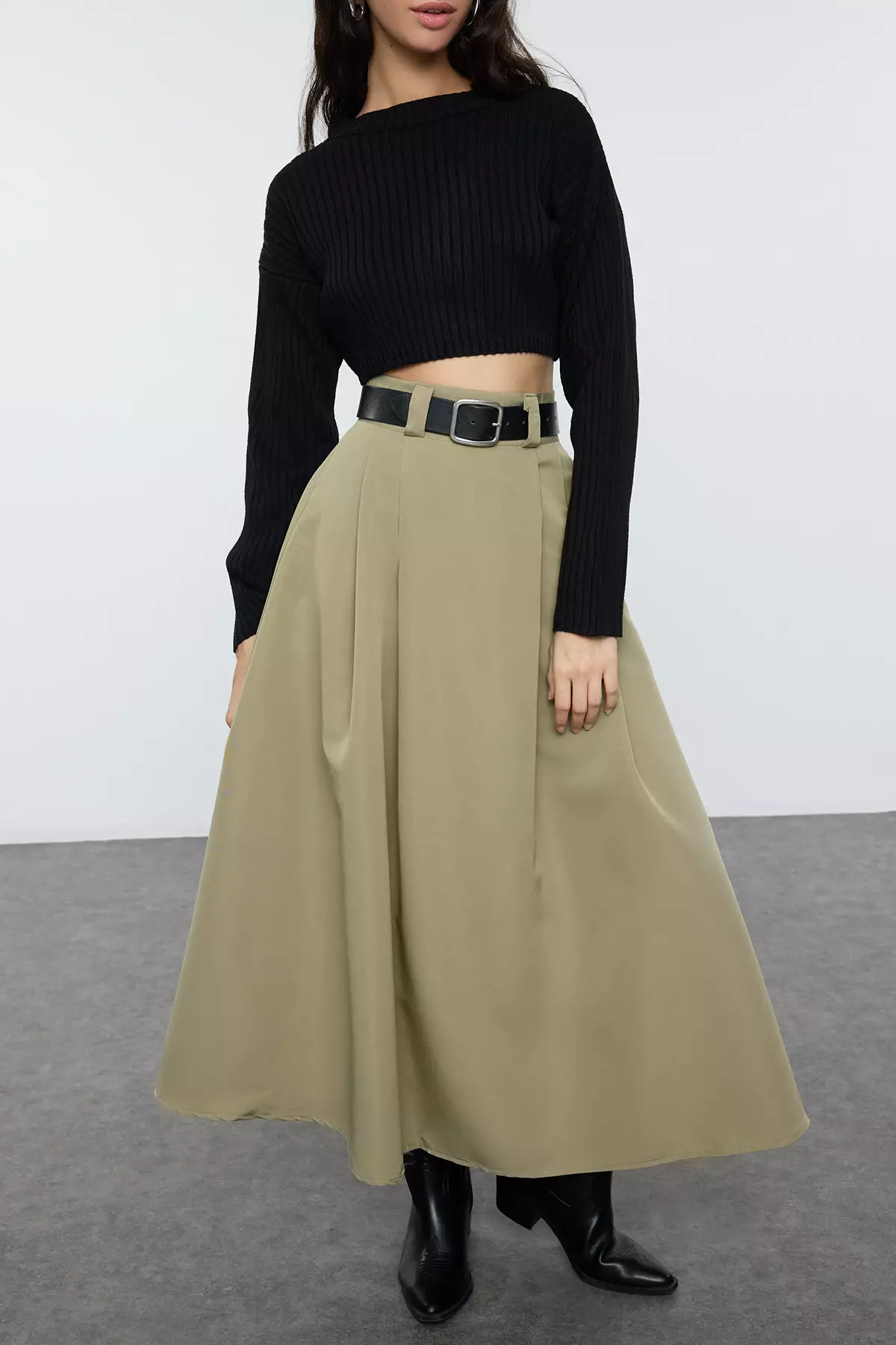 Khaki Pleated Maxi Length Skirt