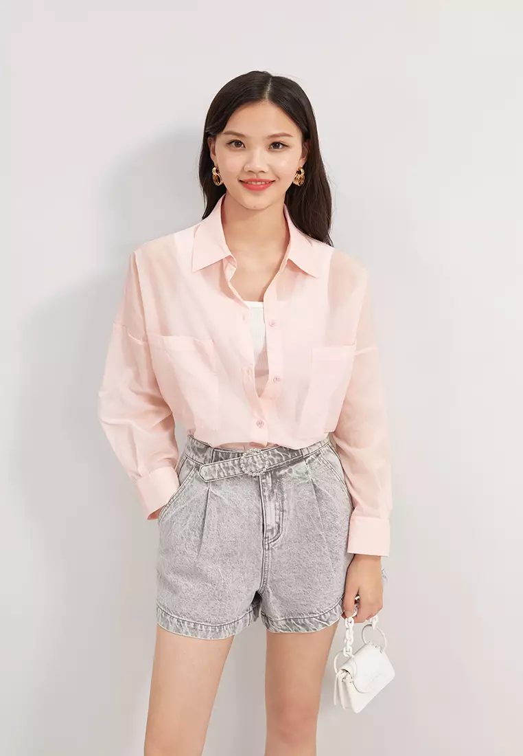 Loose Fit Semi Sheer Button Blouse